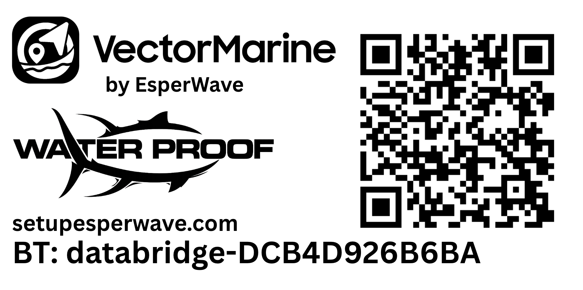 VectorMarine DataBridge setup label with QR code, setupesperwave.com, and Bluetooth name